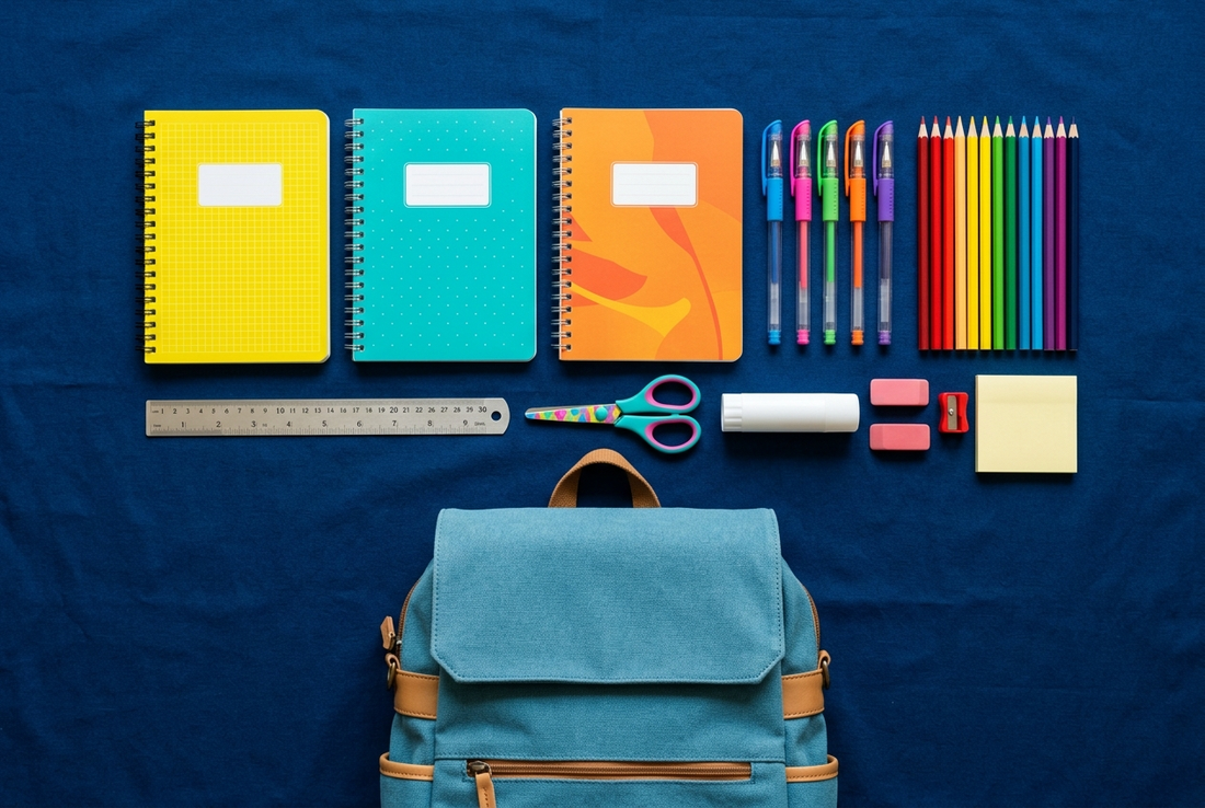 Material escolar organizado para a volta às aulas