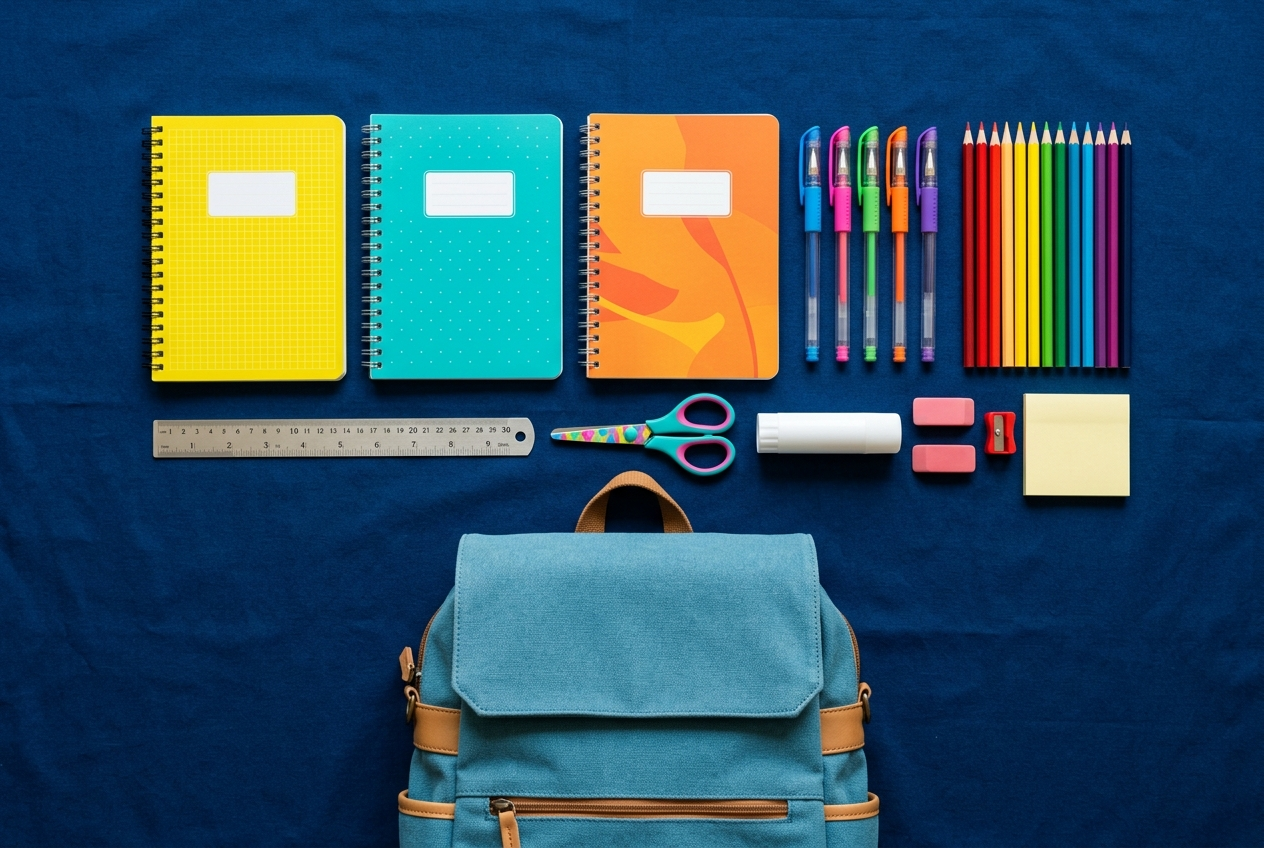 Material escolar organizado para a volta às aulas