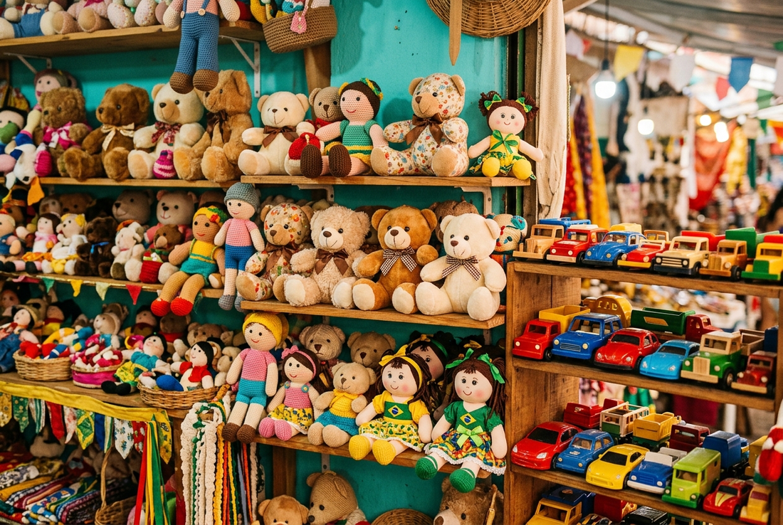 Prateleira de brinquedos e pelúcias coloridas