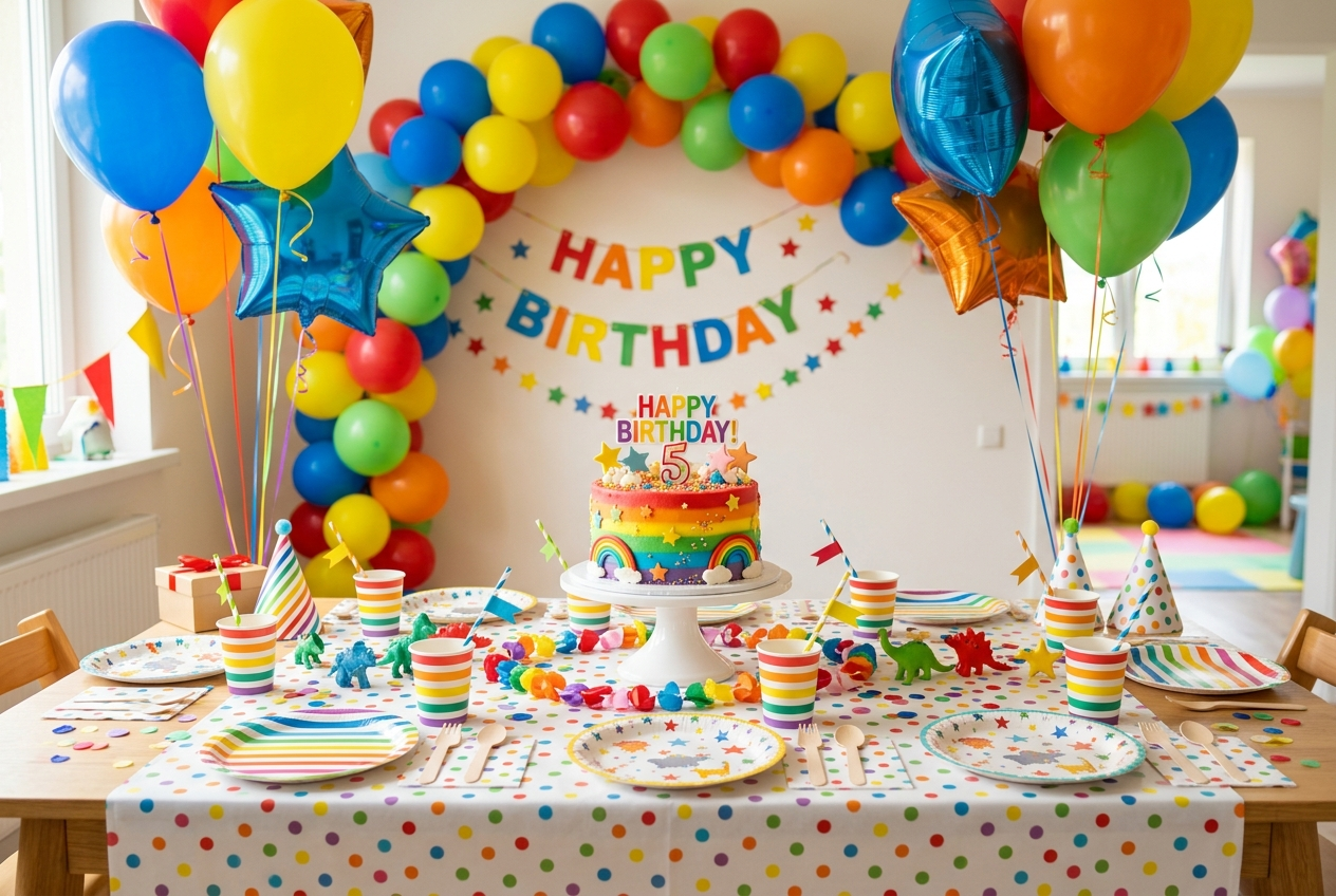 Mesa de festa infantil com balões e decoração
