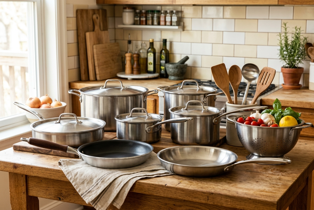 Jogo de panelas e utensílios de cozinha