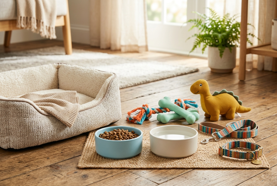 Acessórios pet — comedouro, coleira e brinquedos