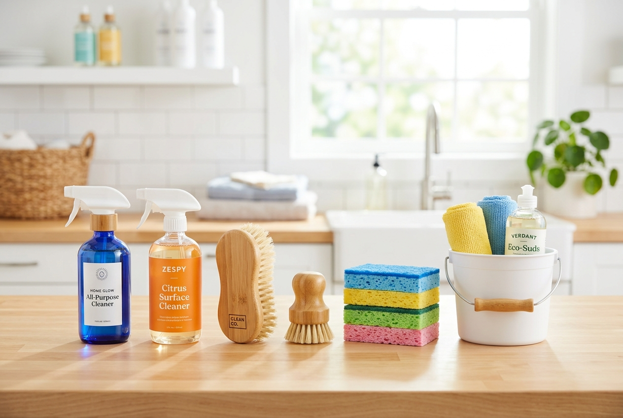 Produtos de limpeza variados organizados
