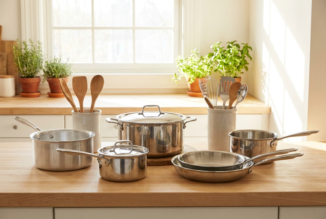 Panelas e utensílios de cozinha variados