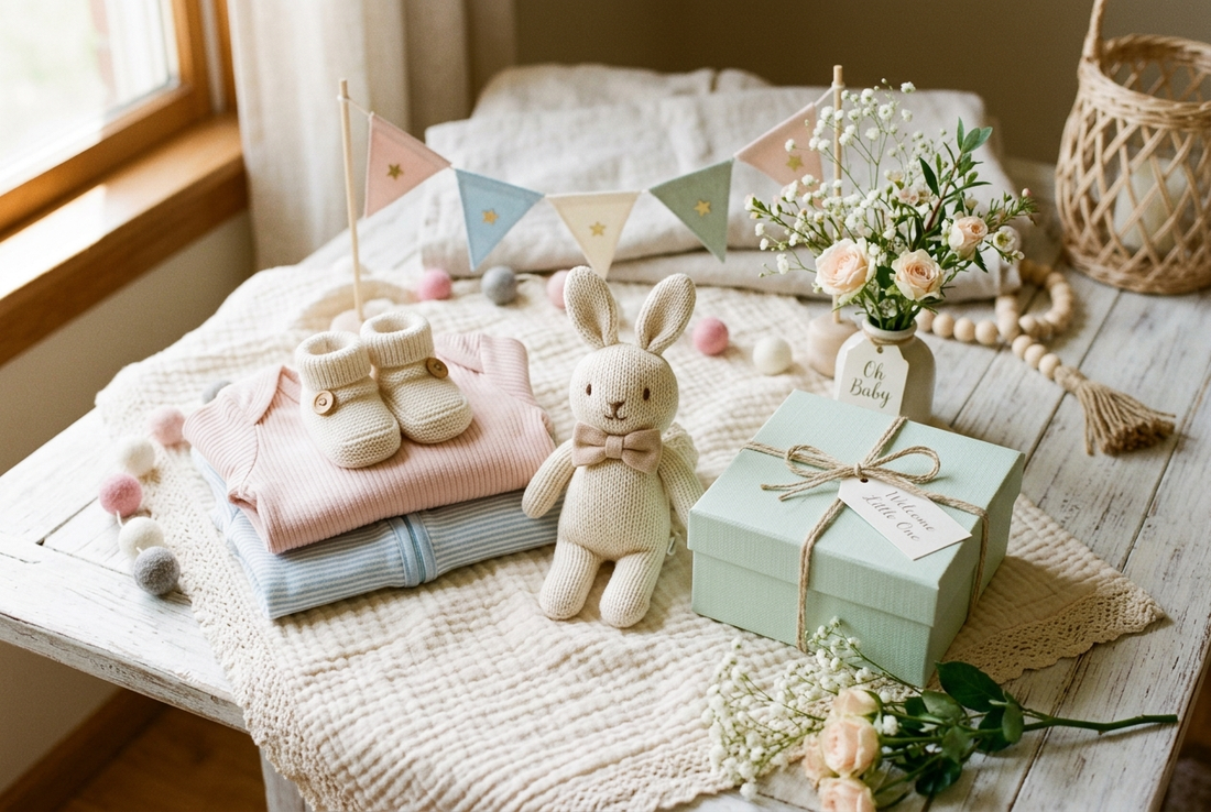 Decoração e itens de chá de bebê em tons pastel
