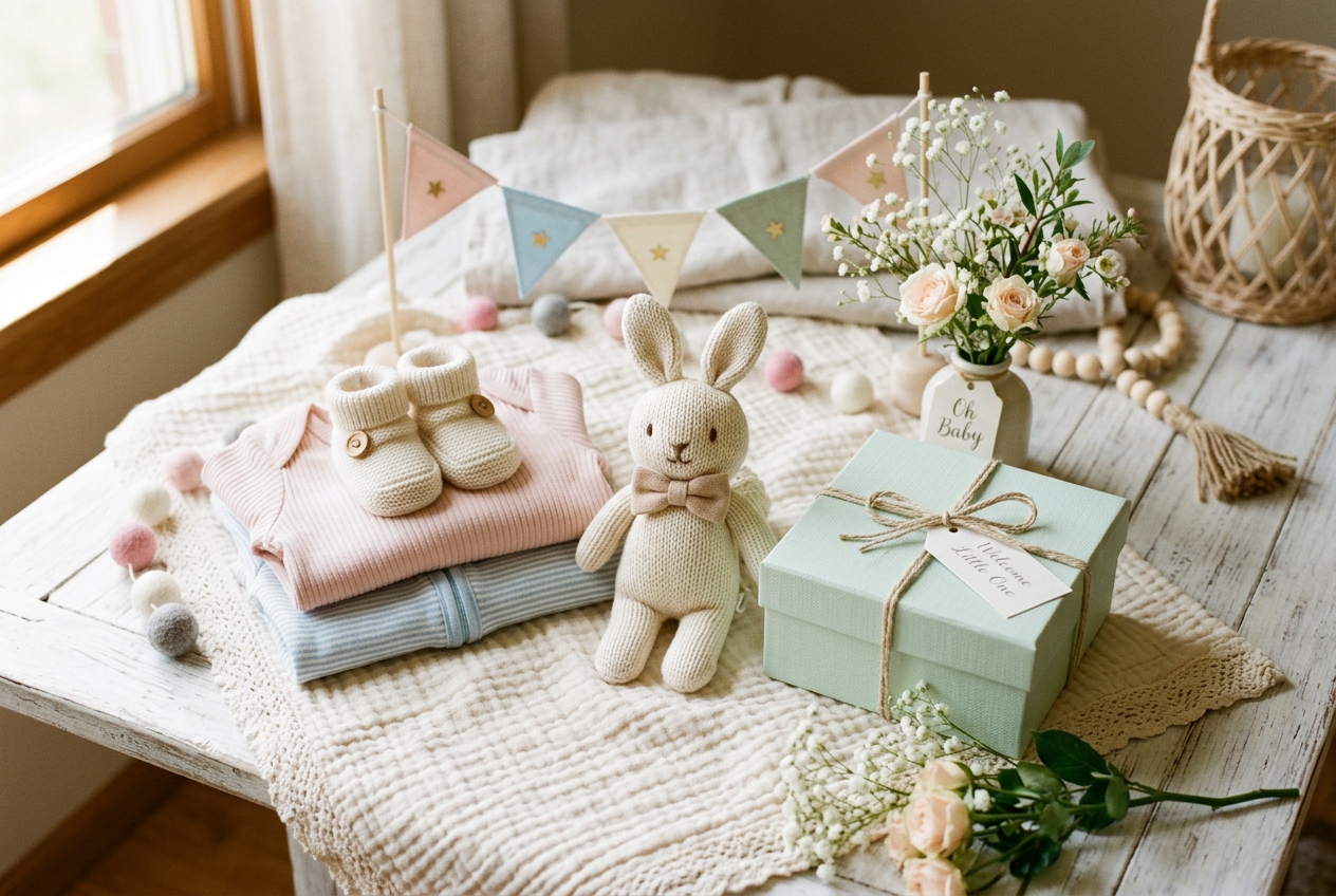 Decoração e itens de chá de bebê em tons pastel