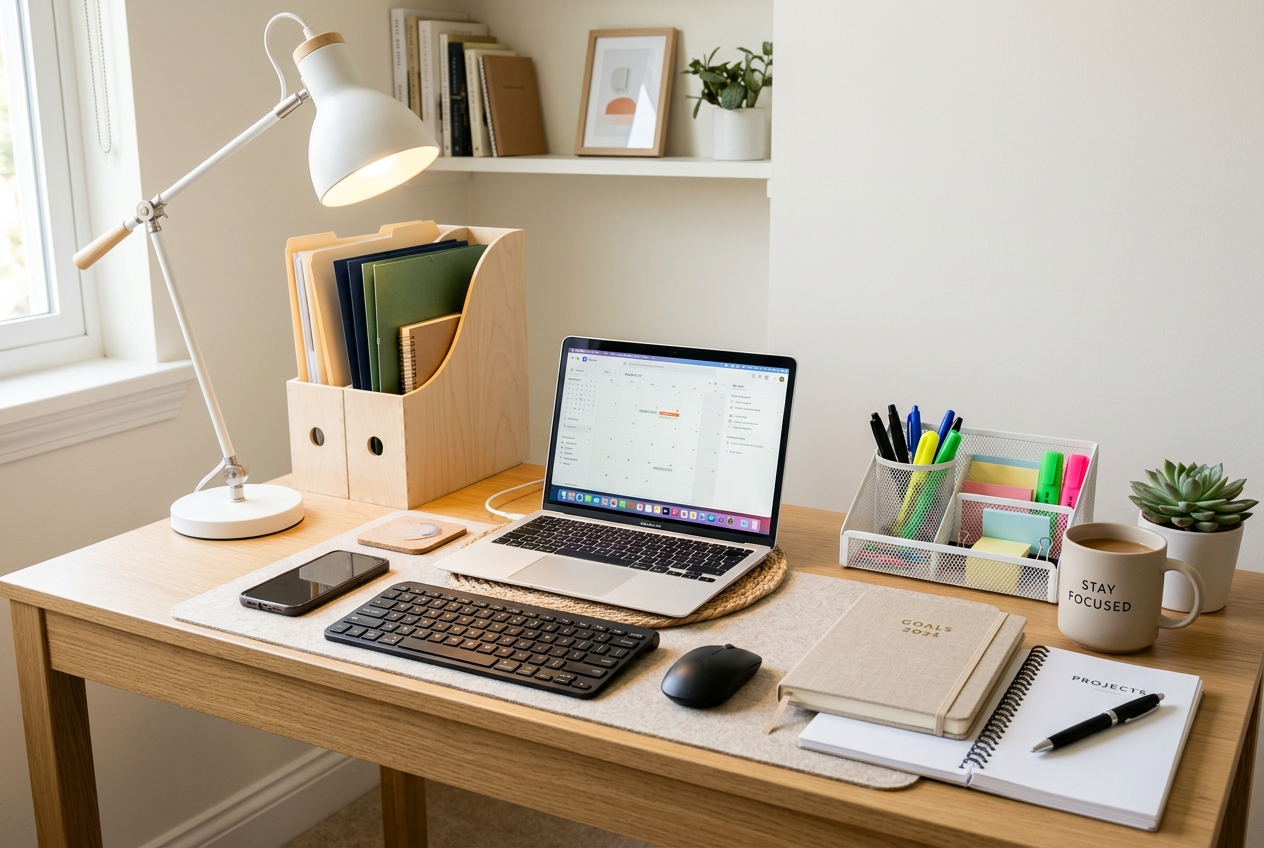 Home office organizado com papelaria e organizadores