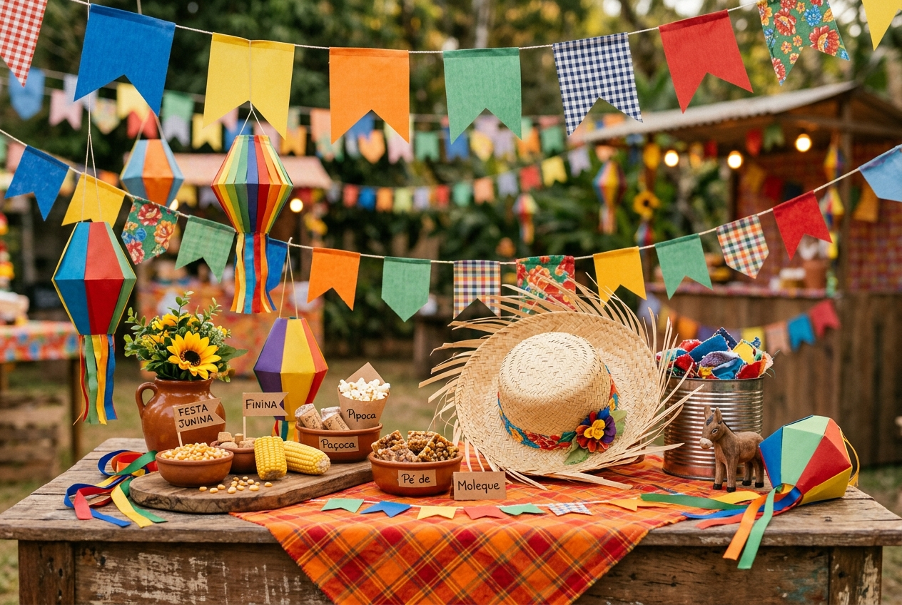 Decoração de festa junina com bandeirinhas